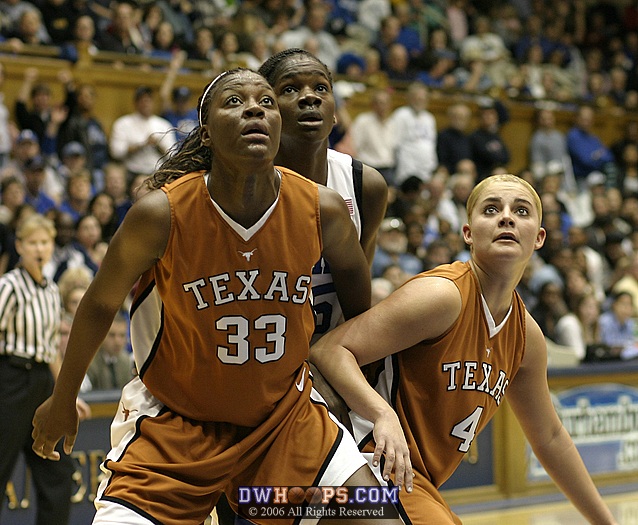 Tiffany Jackson (left), Bridgette Mitchell, and Erika Arrarian await a Duke free throw attempt (1 of 2)