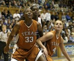 Tiffany Jackson (left), Bridgette Mitchell, and Erika Arrarian await a Duke free throw attempt (1 of 2)