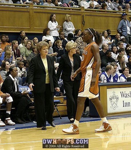 Texas Head Coach Jody Conradt, as Tiffany Jackson returns to the bench